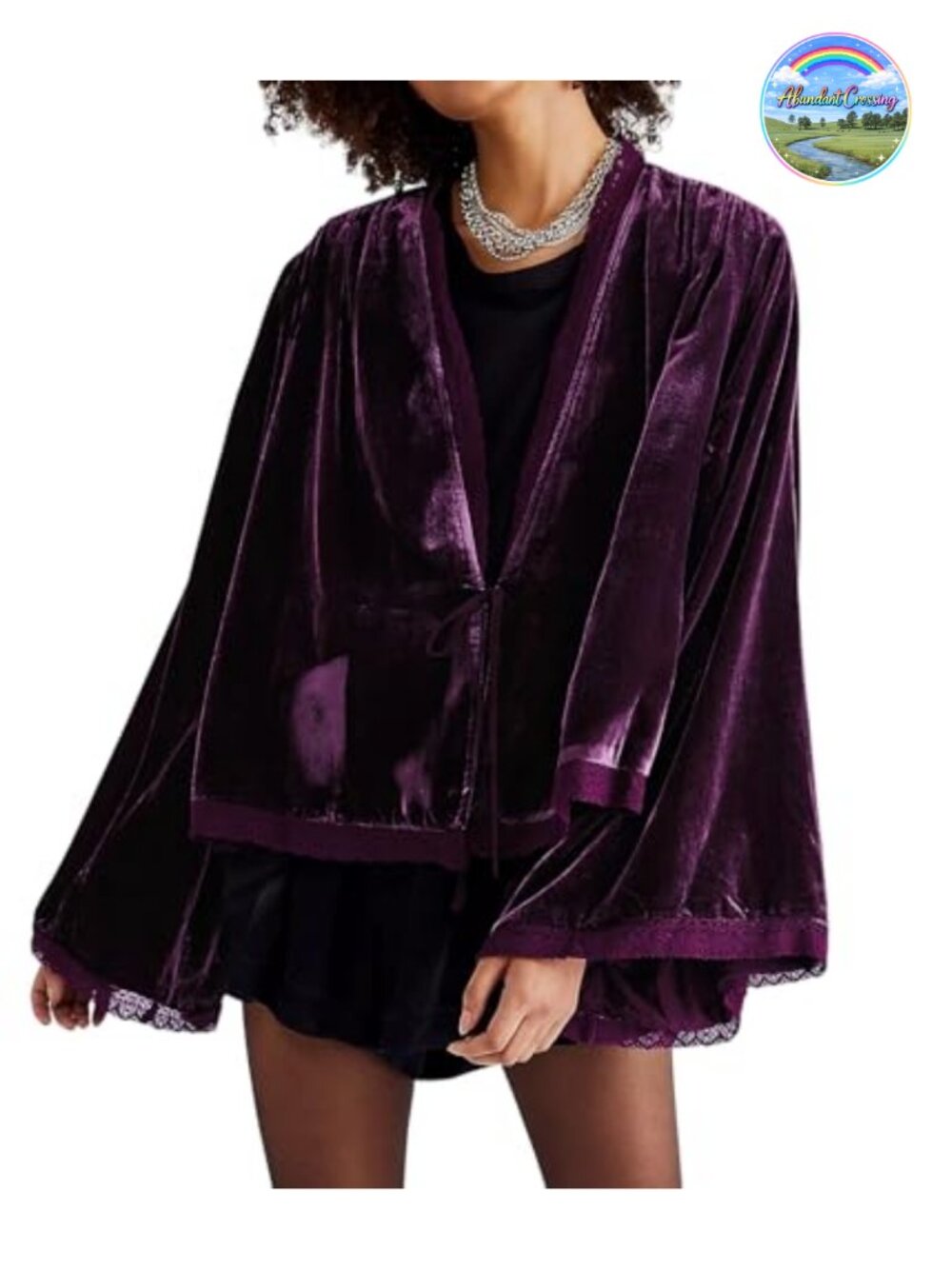 Velvet Kimono Cardigan Tie Front Lace Trim Loose Fit Fall Jacket